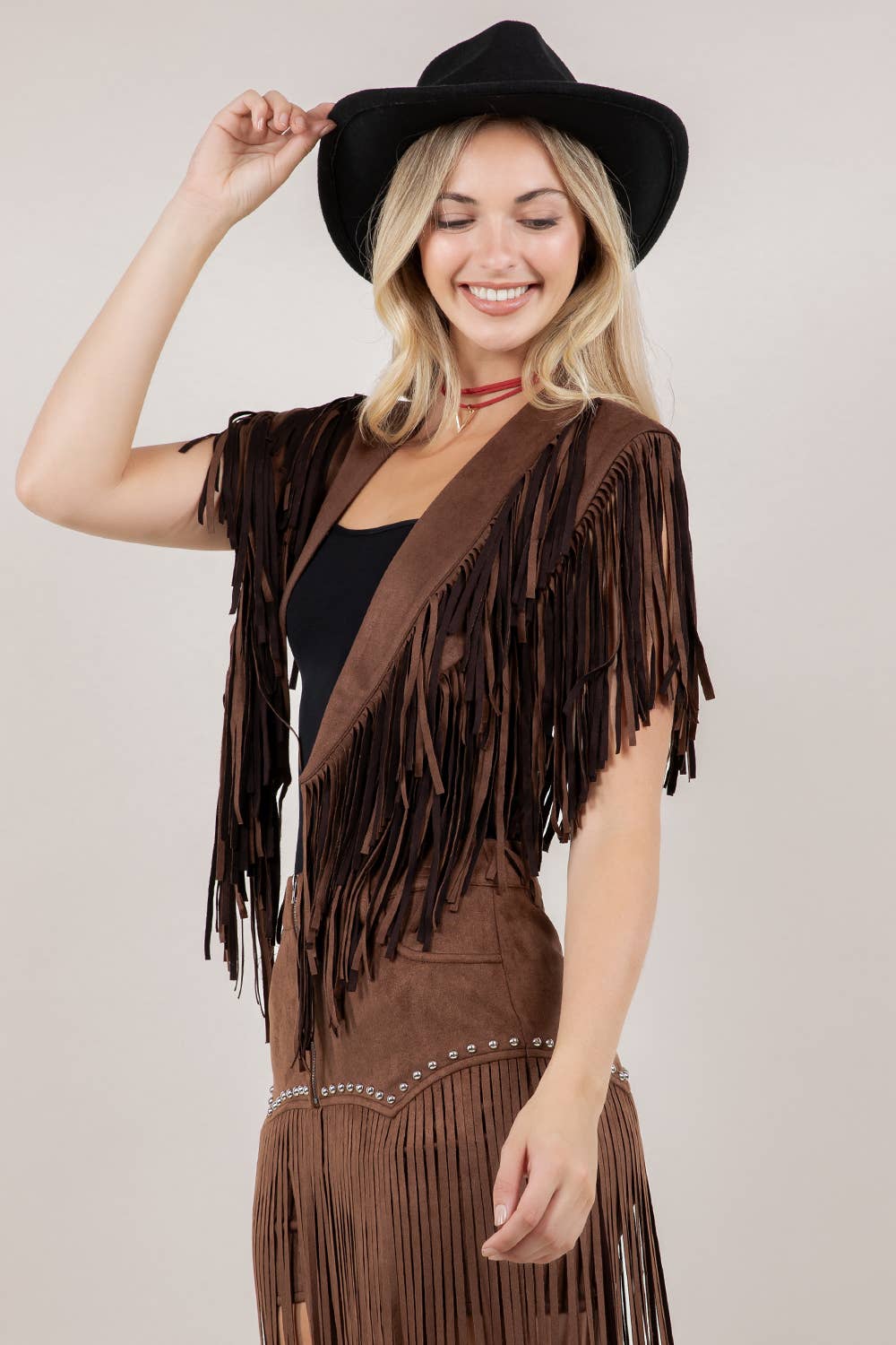 SIJ5247A BROWN TRENDY WESTERN FRINGE SUEDE COLLAR / SHRUG