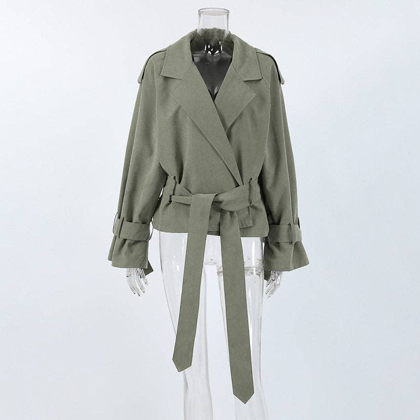 Short Belted Trench Coat With Lapel Collar