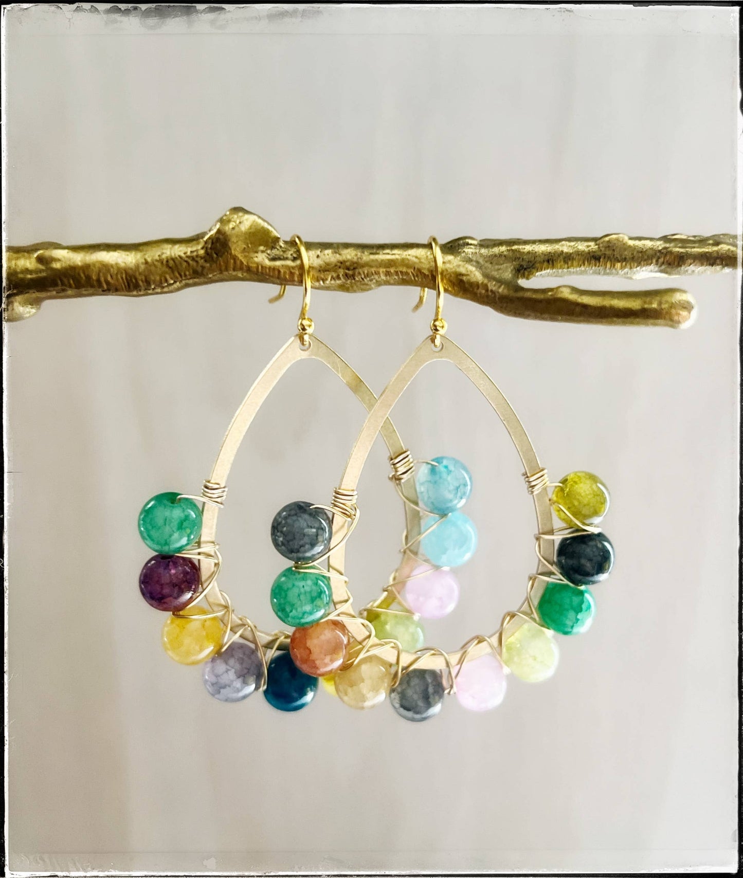 Teardrop Hoop Gemstone Bead Dangle Earrings Agate Multicolor