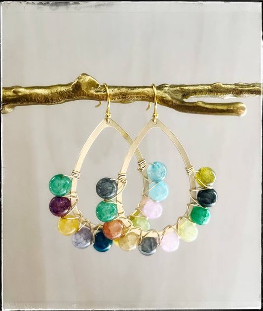 Teardrop Hoop Gemstone Bead Dangle Earrings Agate Multicolor