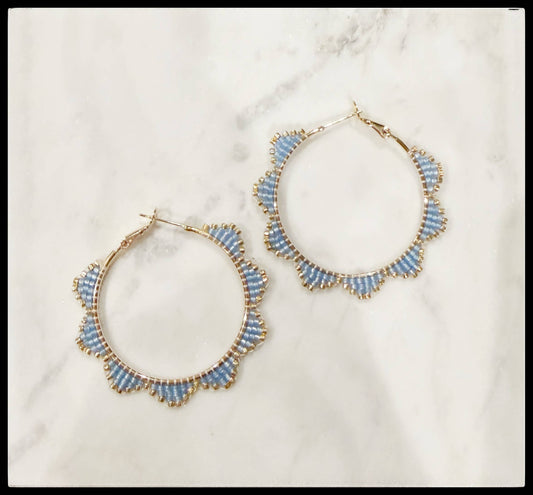 Glass Seed Bead Scalloped Hoop Miyuki Delica Earrings Blue
