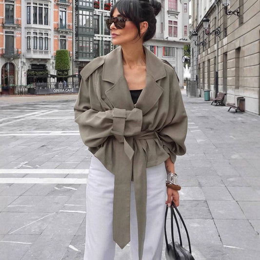 Short Belted Trench Coat With Lapel Collar