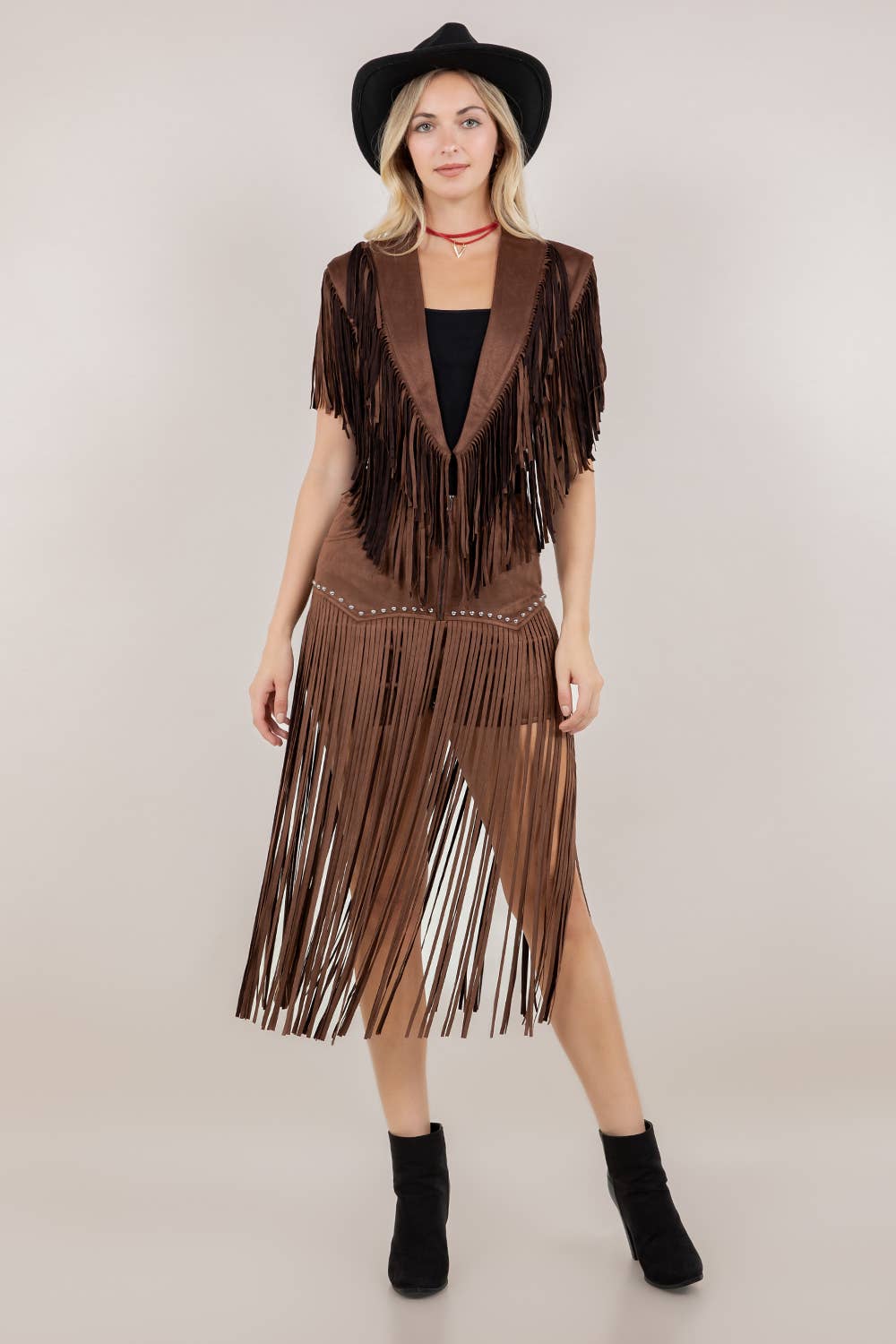 SIJ5247A BROWN TRENDY WESTERN FRINGE SUEDE COLLAR / SHRUG
