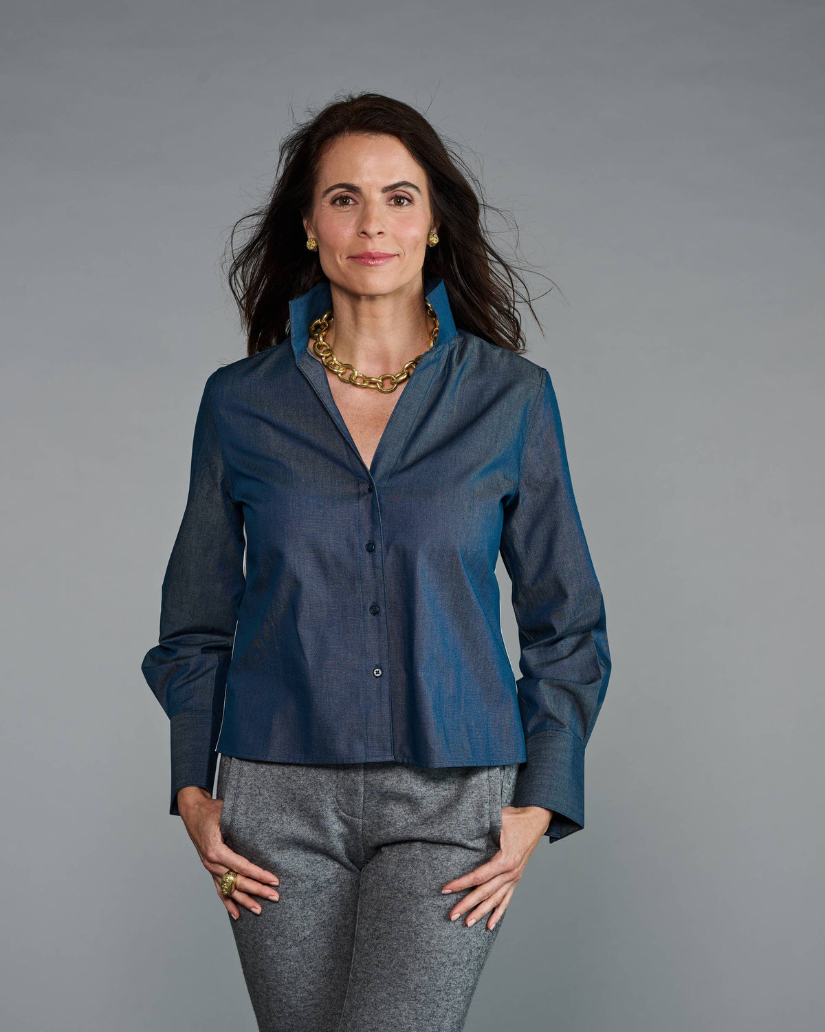 The League Crop Shirt in Dark Blue Denim with Stripe Trim