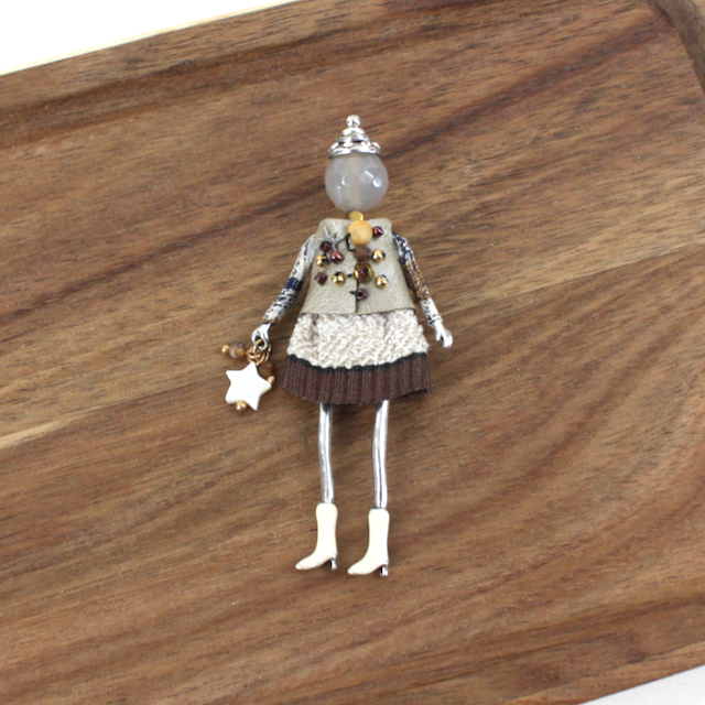 B25281 Stone Adorned French Doll Stainless Steel Brooch