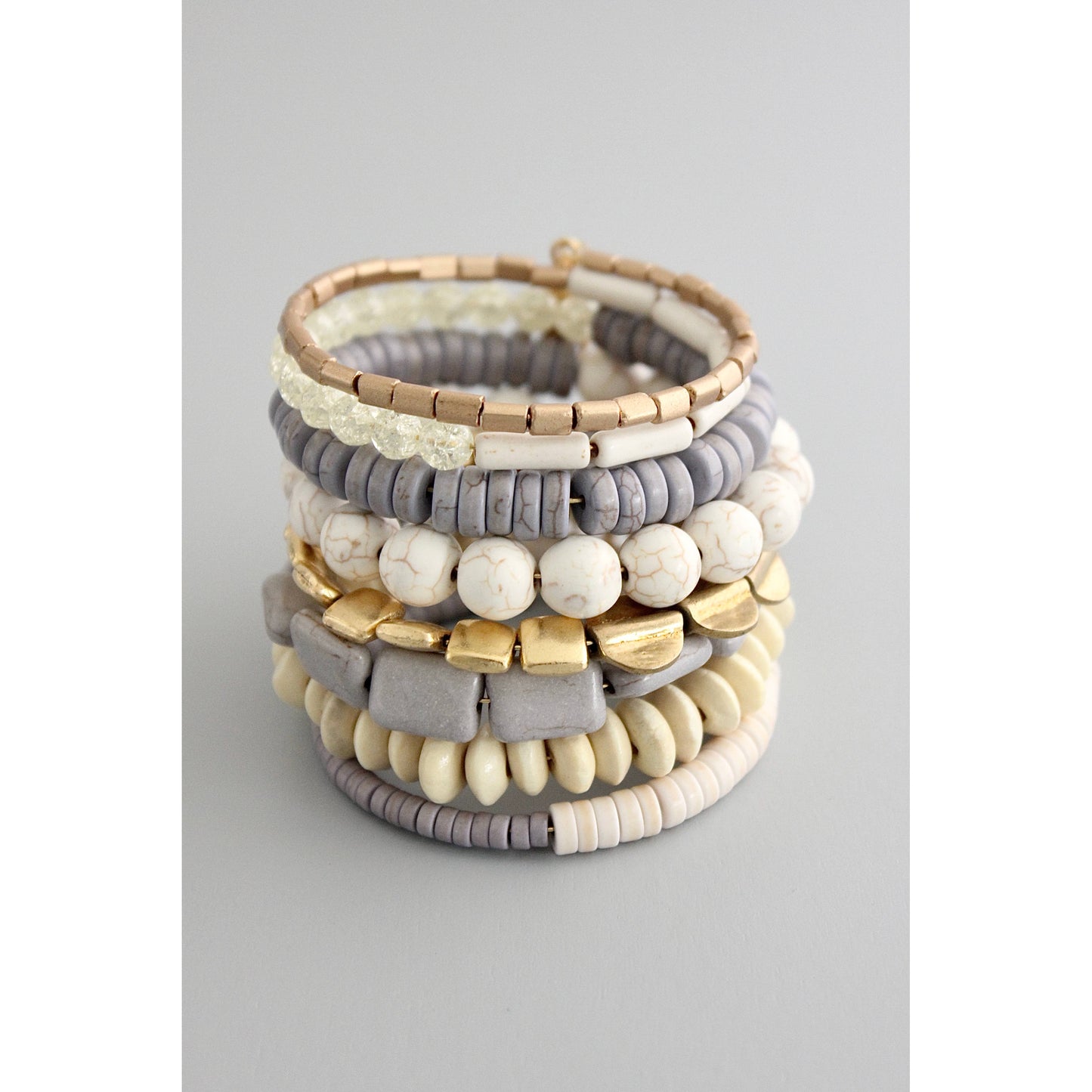 GNDB04 gray, white, and brass wrap bracelet