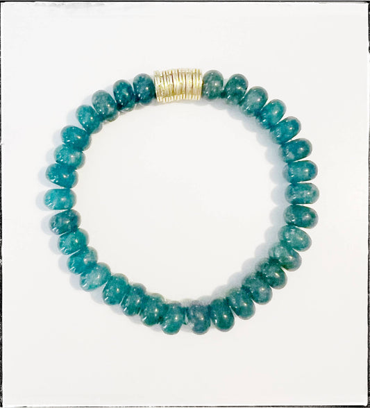 Gemstone Bead Stretch Bracelet Green Speckled Jasper Brass