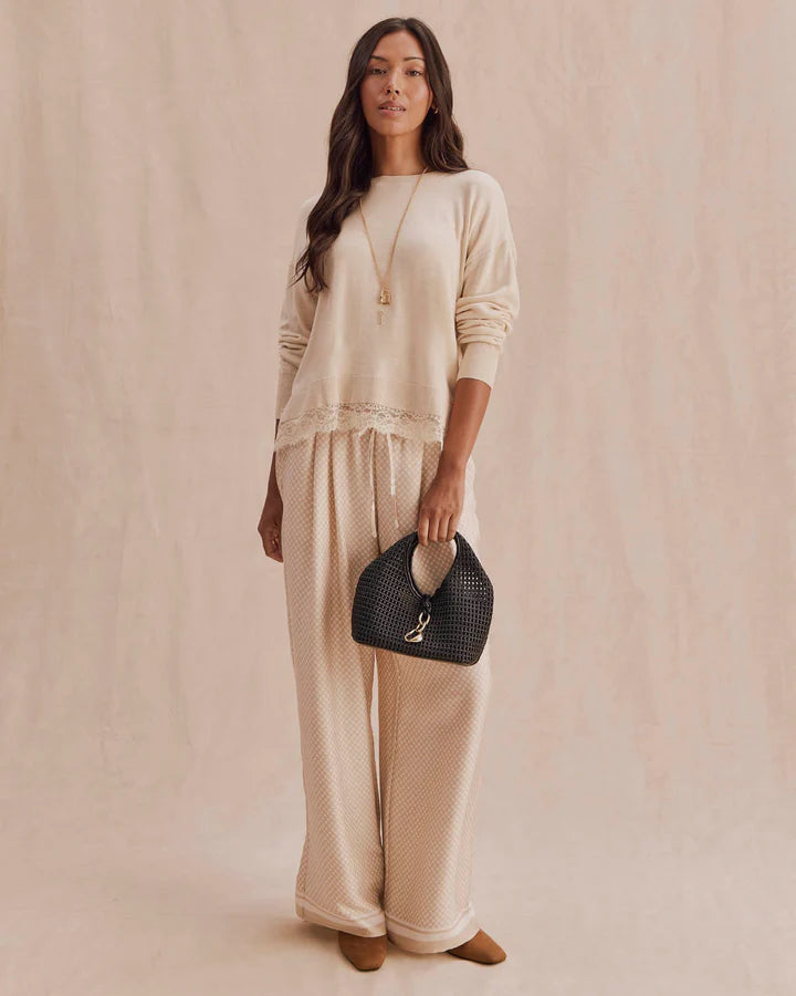 Georgie Lace Trim Pullover in Wheat Heather