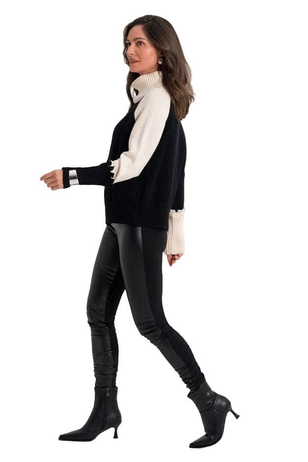 Pima Cotton 2 Tone Turtleneck Sweater - Black/Stone