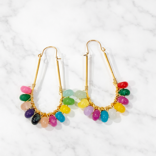 Wire Wrapped Hoop Glass Bead Dangle Earring Multicolor Jade 