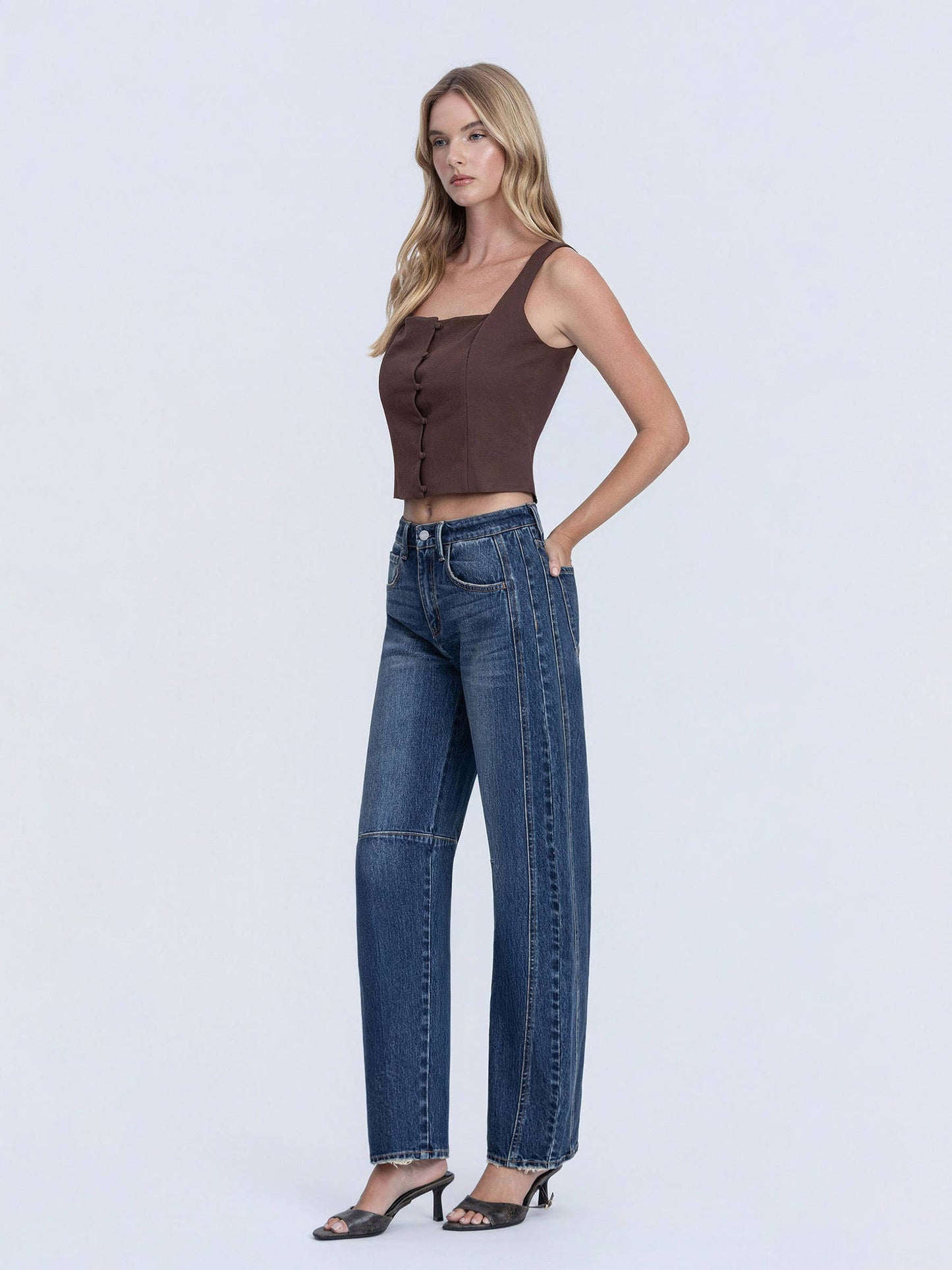 HIGH RISE DARK WASH BARREL JEANS T7200