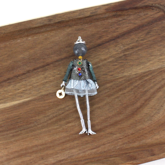 B25281 Stone Adorned French Doll Stainless Steel Brooch
