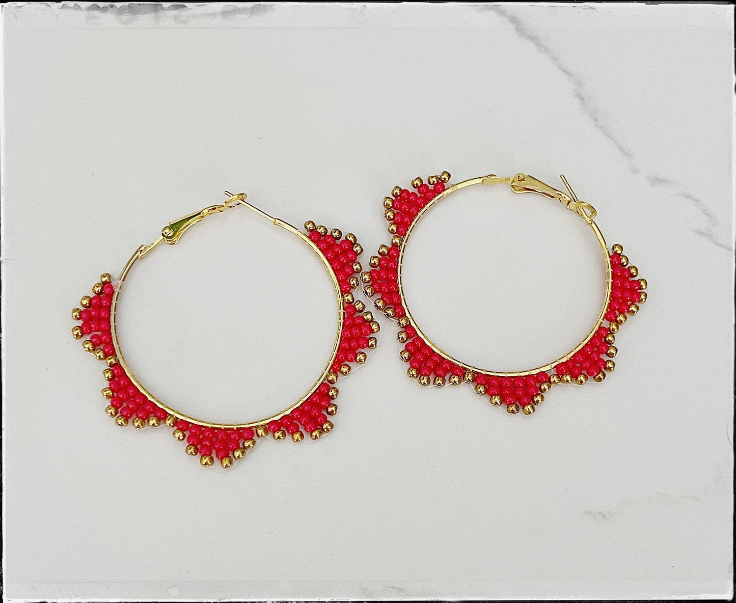 Glass Seed Bead Scalloped Hoop Circle Brass Earrings Red