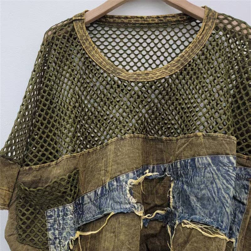 M217 Mesh & Denim Patchwork Tee – Summer Street Style