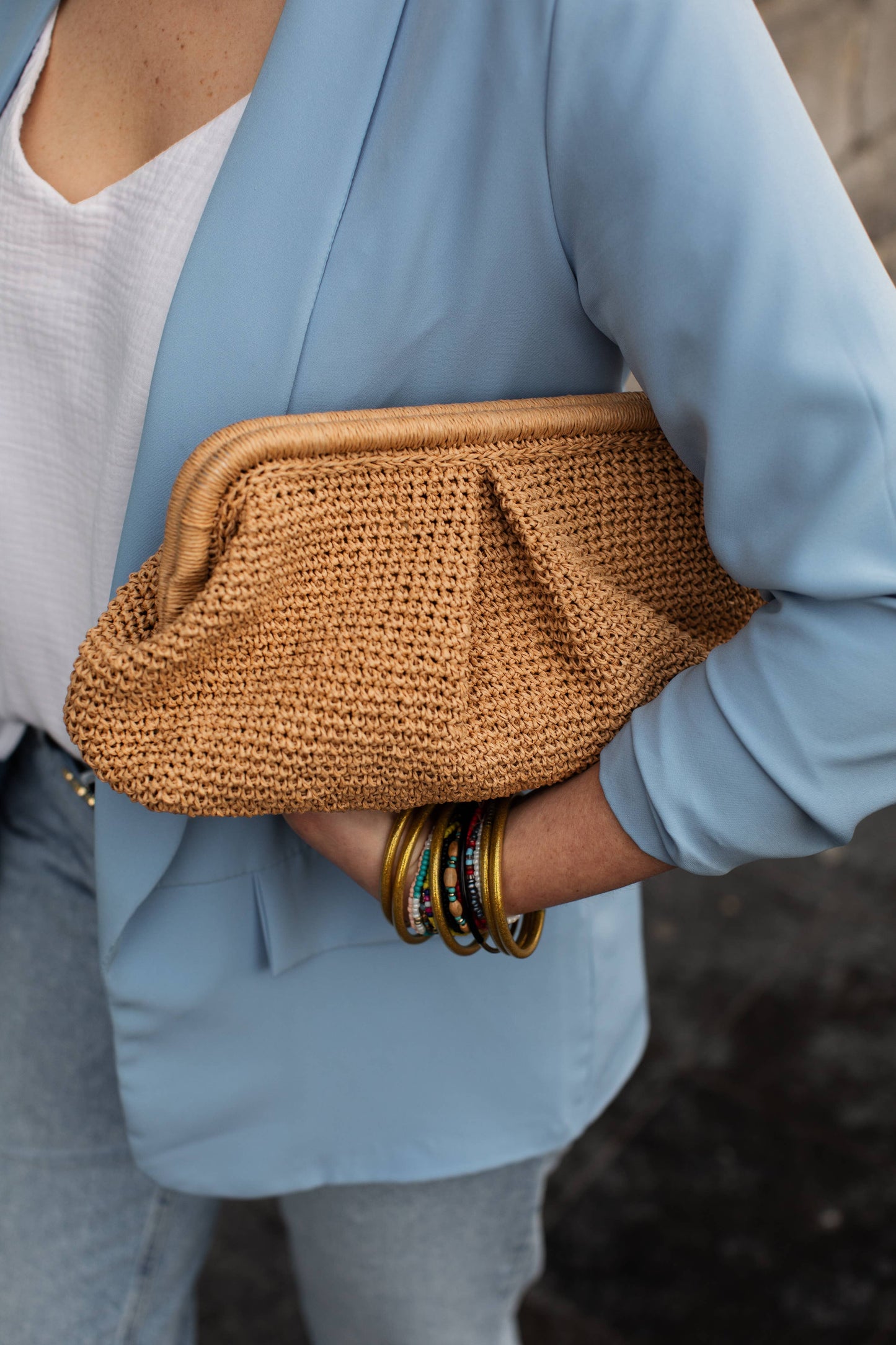 Raffia clutch bag, Beige raffia pouch bag