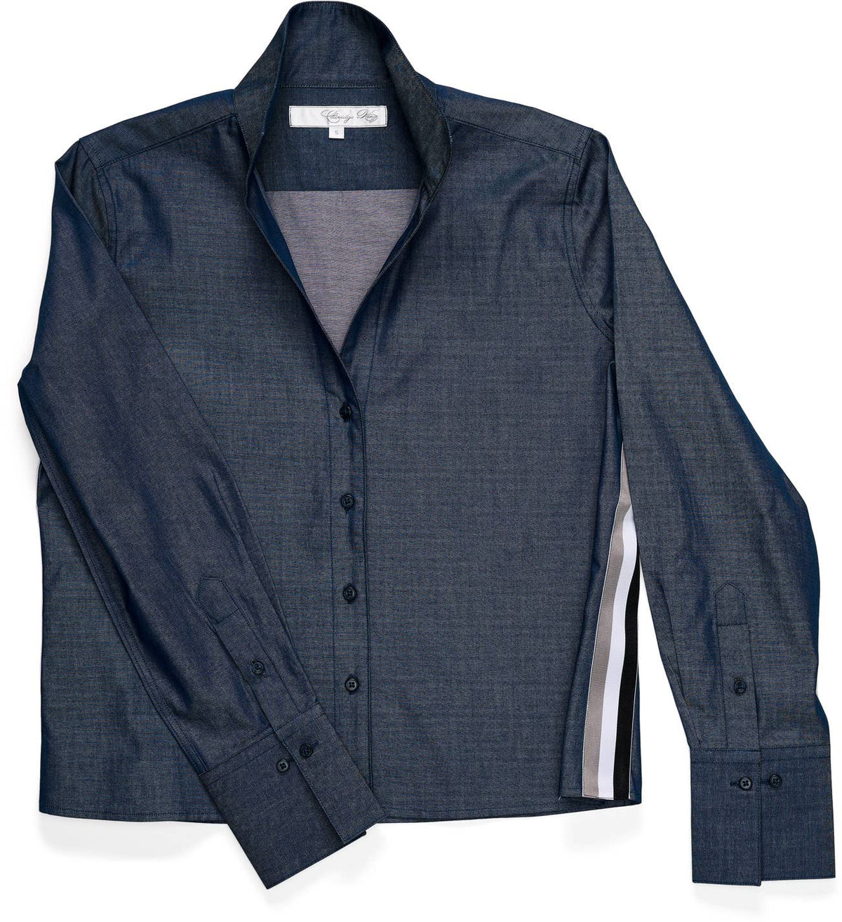 The League Crop Shirt in Dark Blue Denim with Stripe Trim