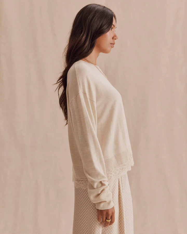 Georgie Lace Trim Pullover in Wheat Heather