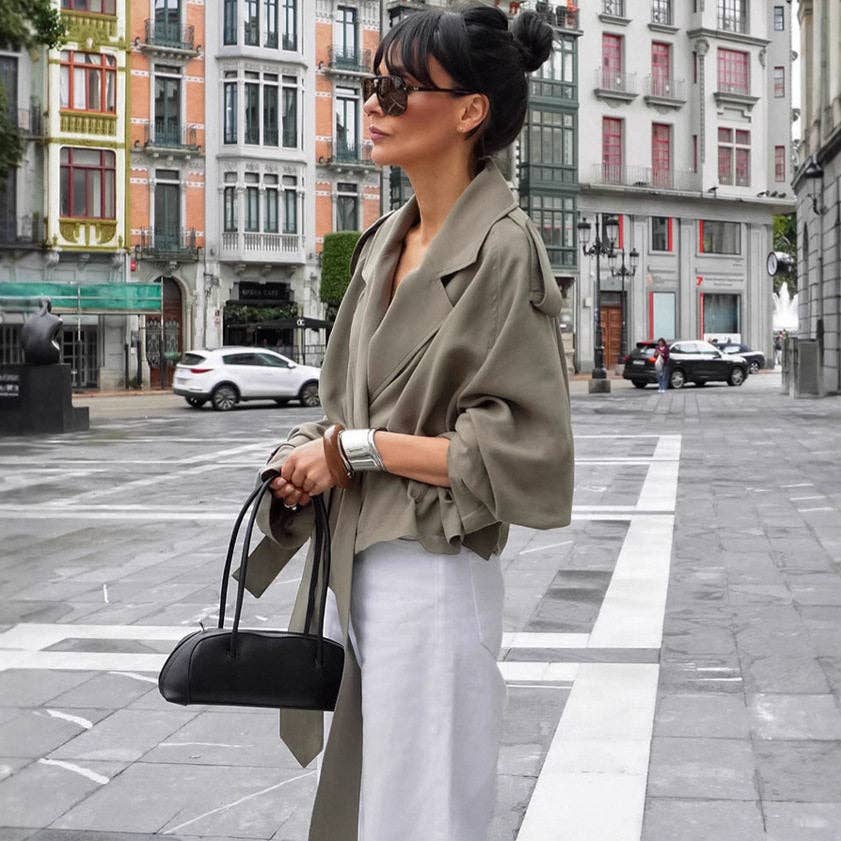 Short Belted Trench Coat With Lapel Collar