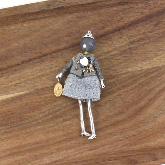 B25281 Stone Adorned French Doll Stainless Steel Brooch