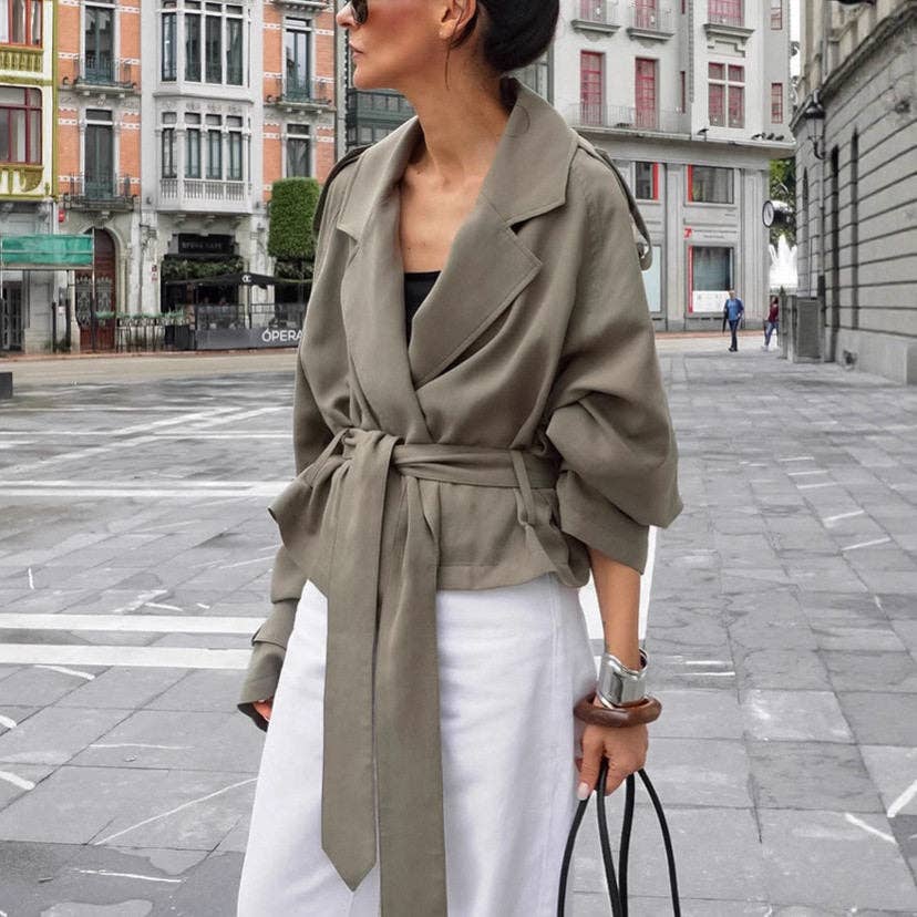 Short Belted Trench Coat With Lapel Collar
