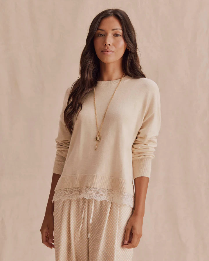 Georgie Lace Trim Pullover in Wheat Heather