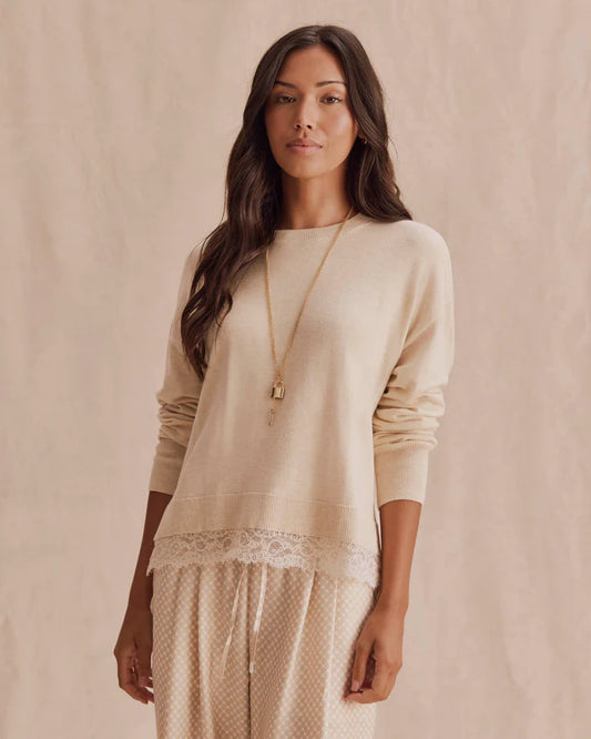 Georgie Lace Trim Pullover in Wheat Heather