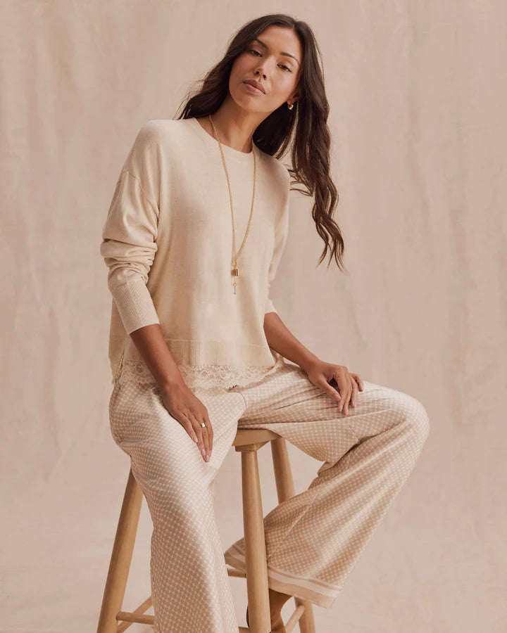 Georgie Lace Trim Pullover in Wheat Heather