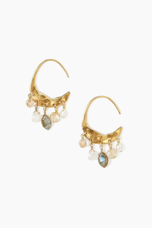 Petite Crescent White Pearl And Citrine Mix Gold Hoop Earrings
