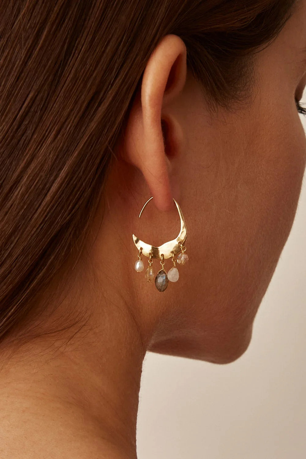 Petite Crescent White Pearl And Citrine Mix Gold Hoop Earrings
