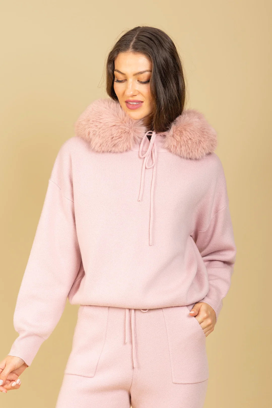 Wool Blended Hooded Sweater with Detachable Faux Fur Trim