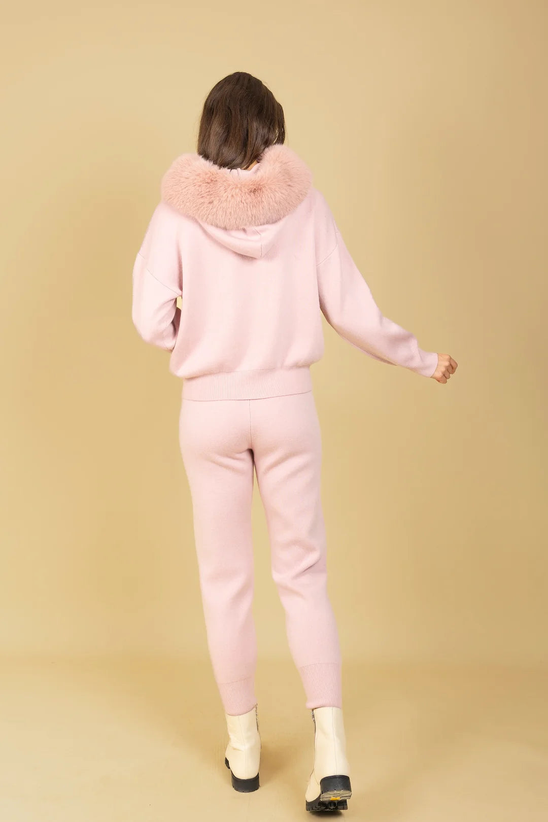 Wool Blended Hooded Sweater with Detachable Faux Fur Trim
