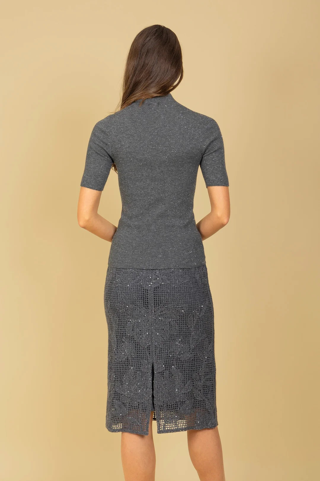 Merino Wool Cashmere Blended Seamless Mock Neck Sweater with Short Sleeves