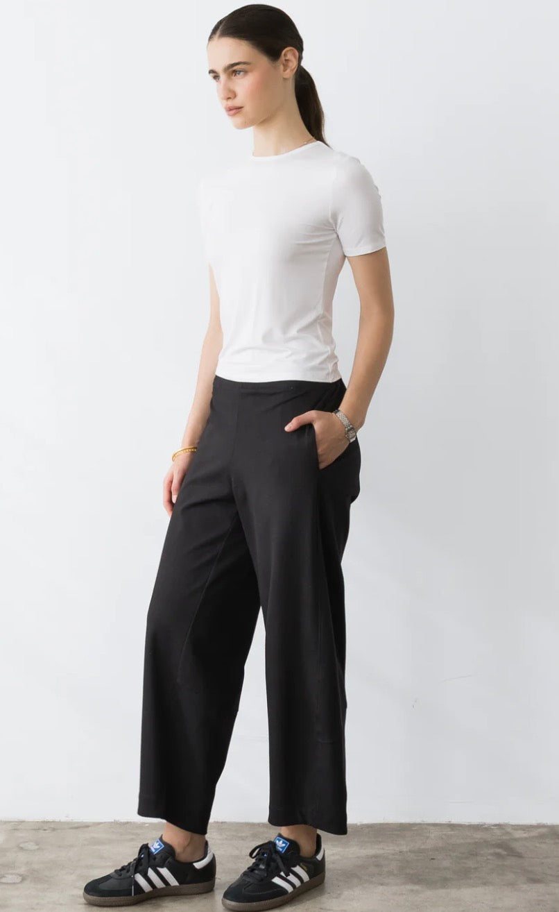 BLACK PONTE KNIT BARREL PANT