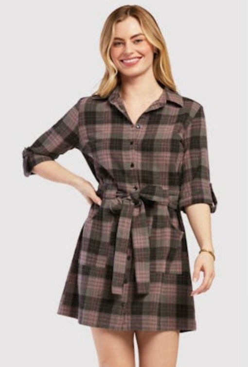Nina Dress in Grey Pink Plaid