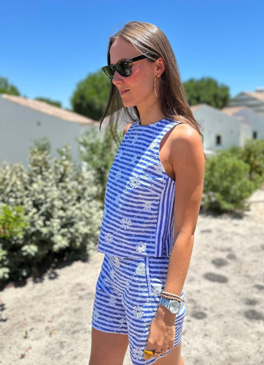Blue Striped Top with Floral Embroidery