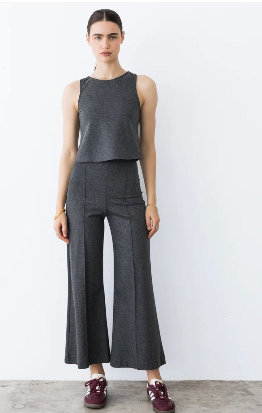 CHARCOAL PONTE KNIT CROPPED WIDE LEG PANT