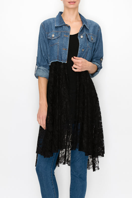 BLUE DENIM JACKET WITH LACE LAYER