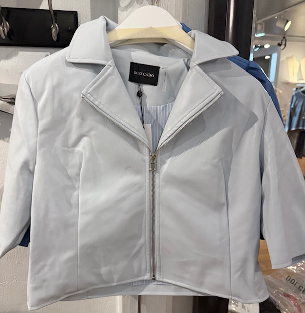 Vegan Leather Shortsleeved Light Blue Moto Jacket