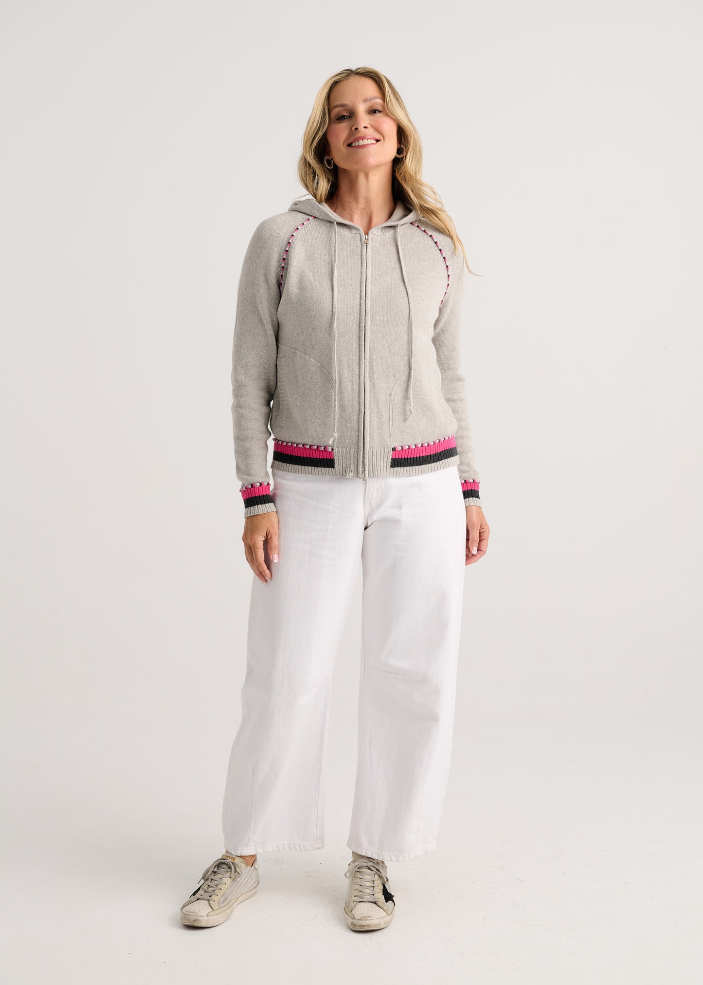 Stripe Trim Zip-Up Hoodie in Marl