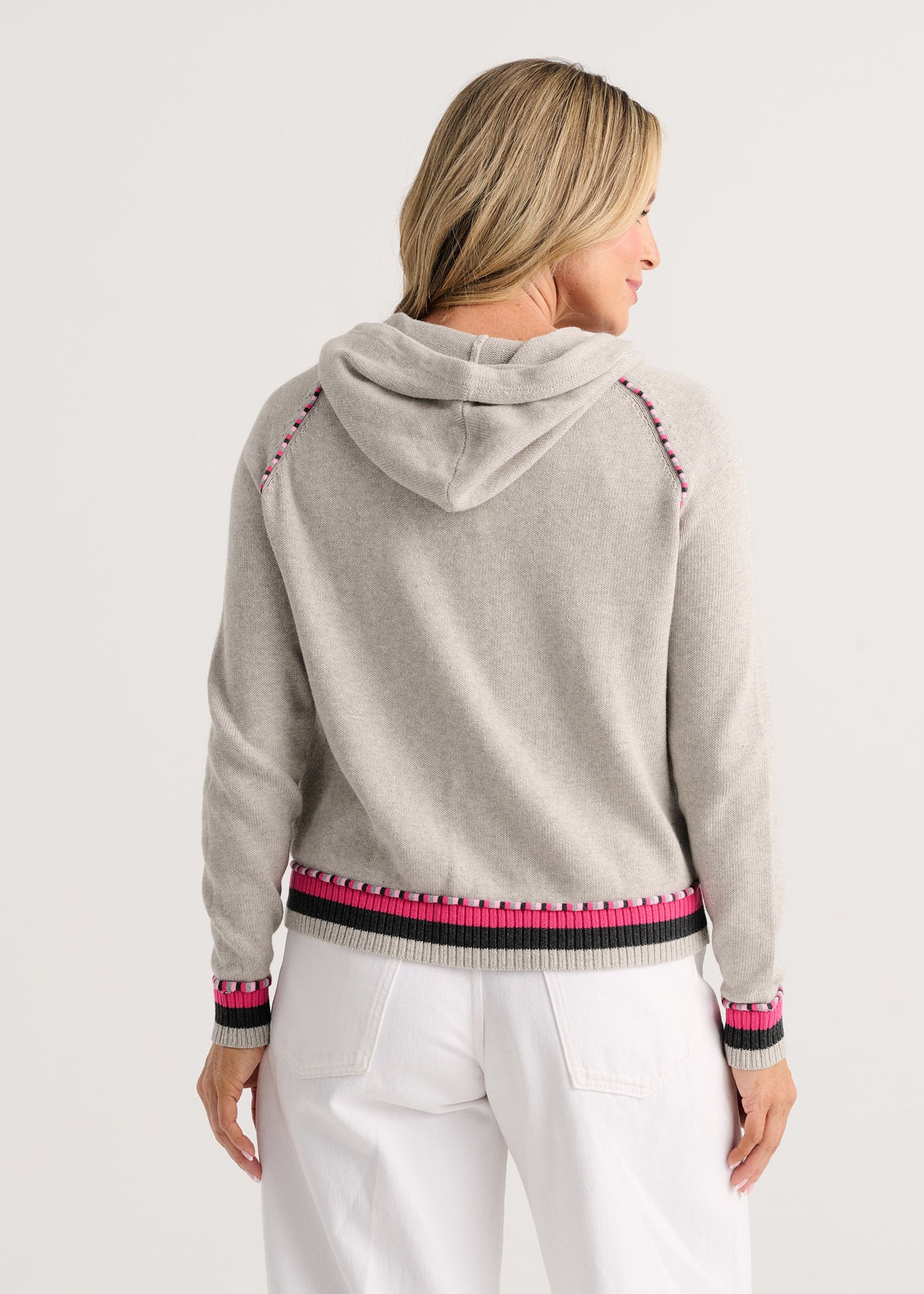 Stripe Trim Zip-Up Hoodie in Marl