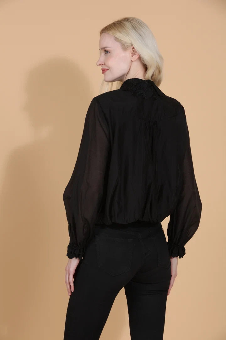 Silk Tencel Blouse with Lace Collar