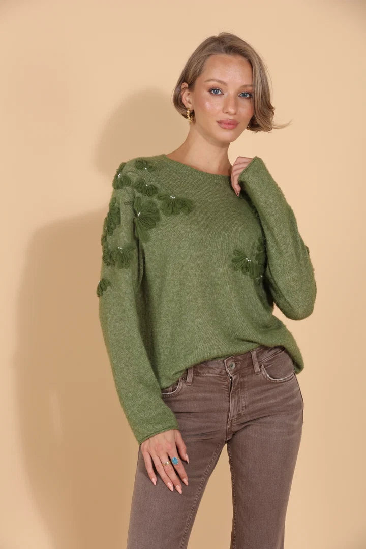 Merino Wool Cashmere Blend Raglan Sleeve Pullover with Appliqué