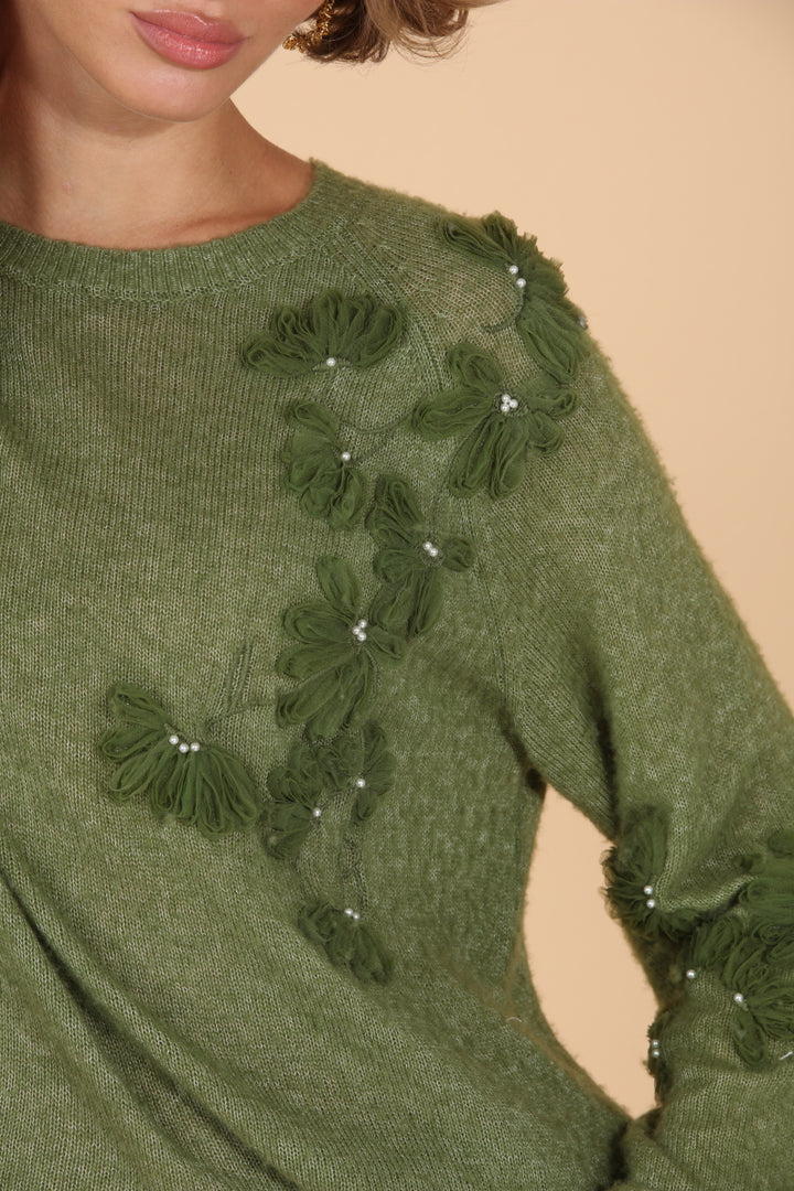 Merino Wool Cashmere Blend Raglan Sleeve Pullover with Appliqué
