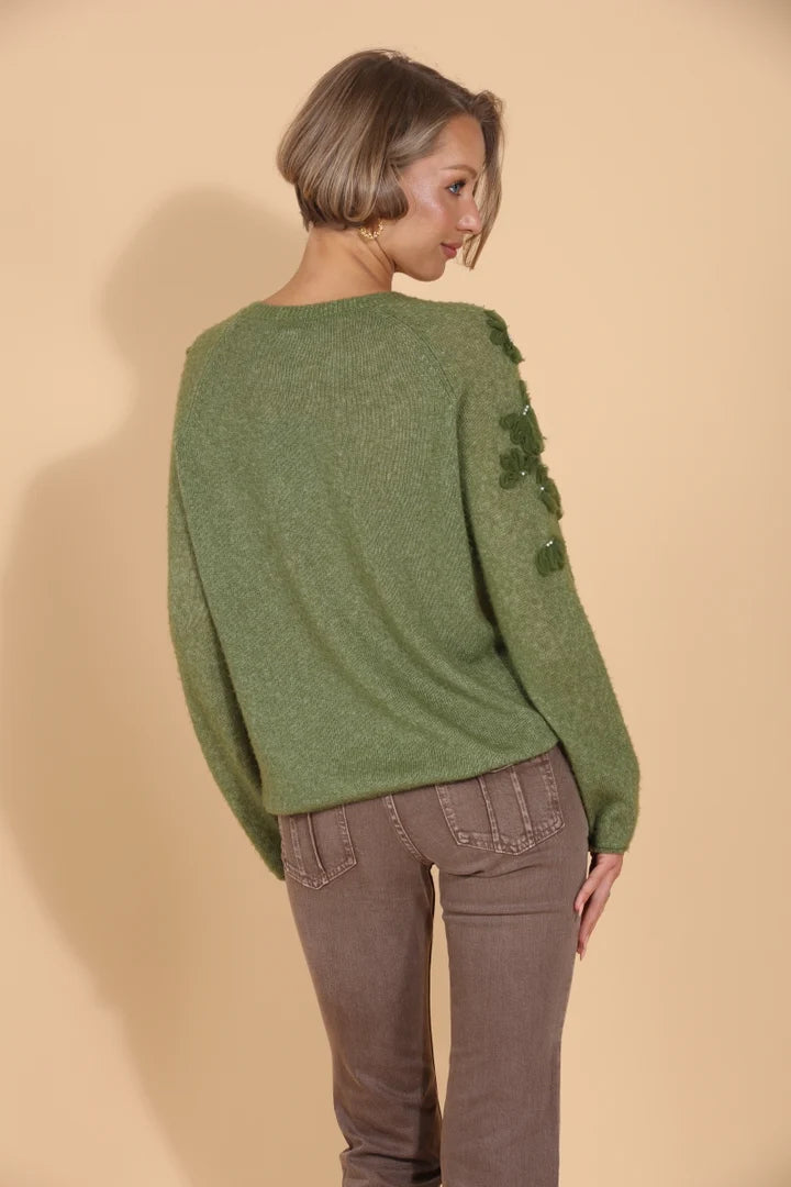 Merino Wool Cashmere Blend Raglan Sleeve Pullover with Appliqué