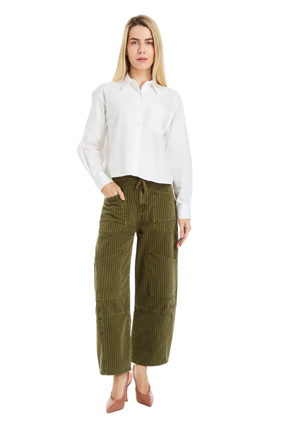 Grommet Waist Patched Wide Leg in Olive Stripe