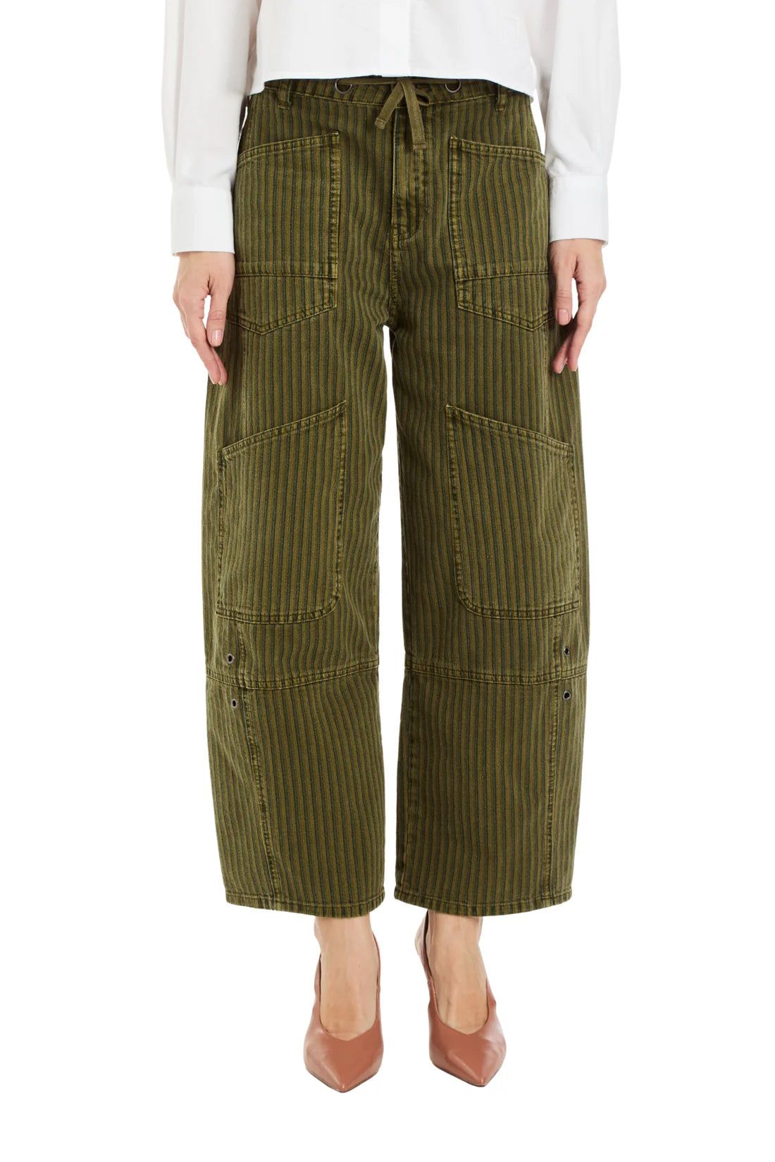 Grommet Waist Patched Wide Leg in Olive Stripe