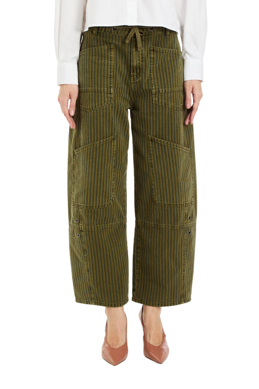 Grommet Waist Patched Wide Leg in Olive Stripe