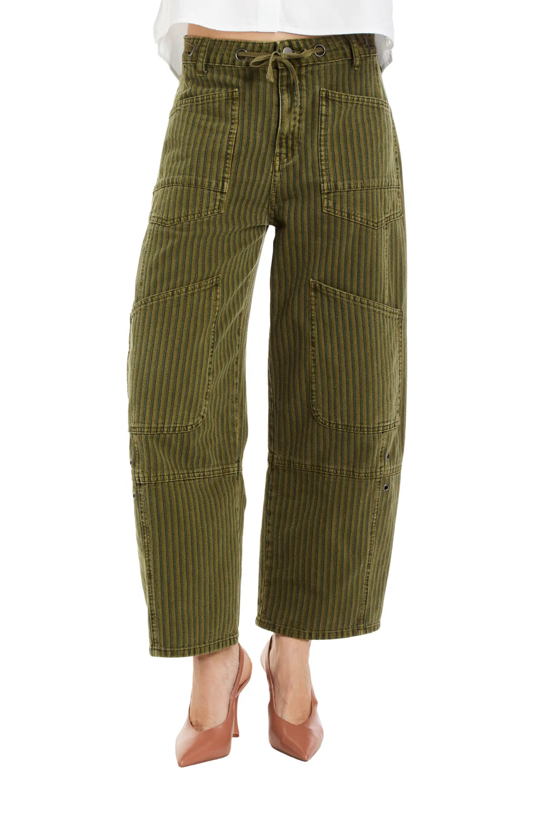 Grommet Waist Patched Wide Leg in Olive Stripe