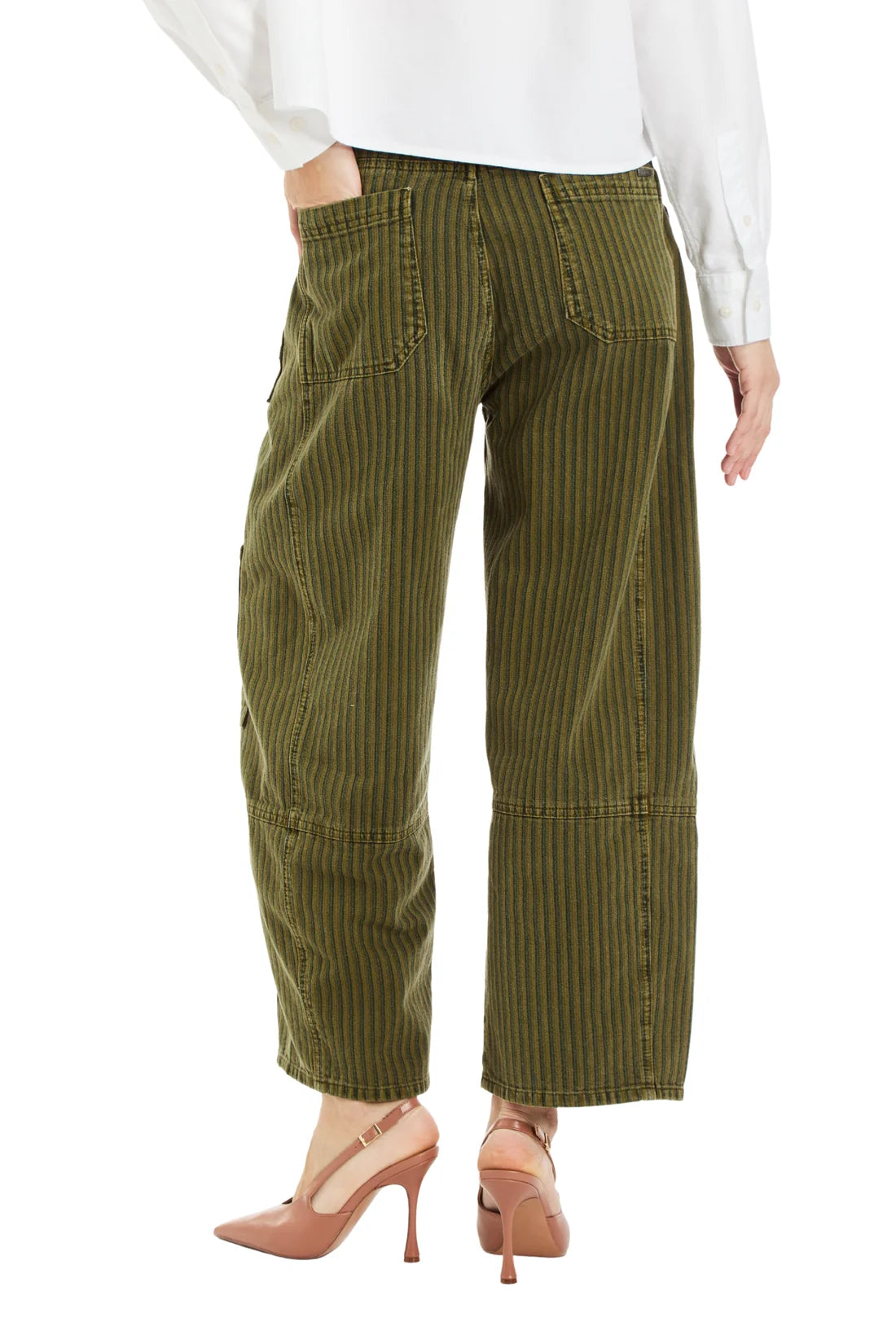 Grommet Waist Patched Wide Leg in Olive Stripe