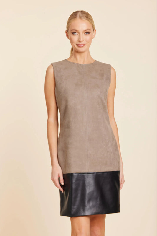 Faux Suede And Faux Leather Block Dress in Stone
